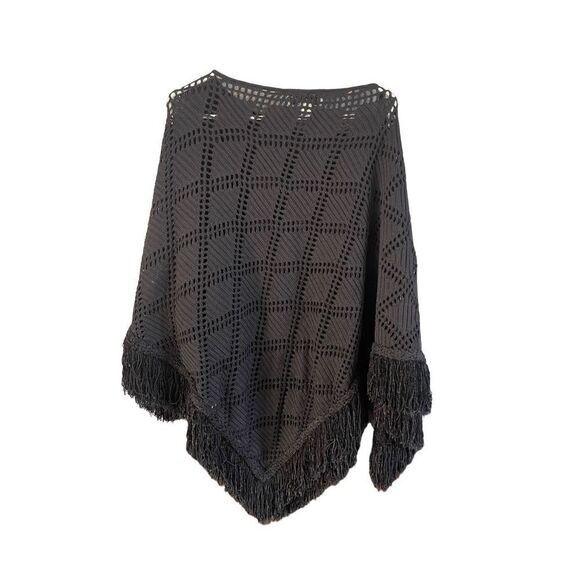 St. John Collection Women Black Ladder Lace Cut-Out Fringe Poncho Sweater Large - Picture 11 of 14
